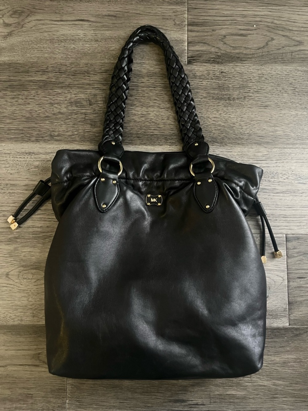 Like New Michael Kors Black Leather Tote with Braided Handles and Gold Accents